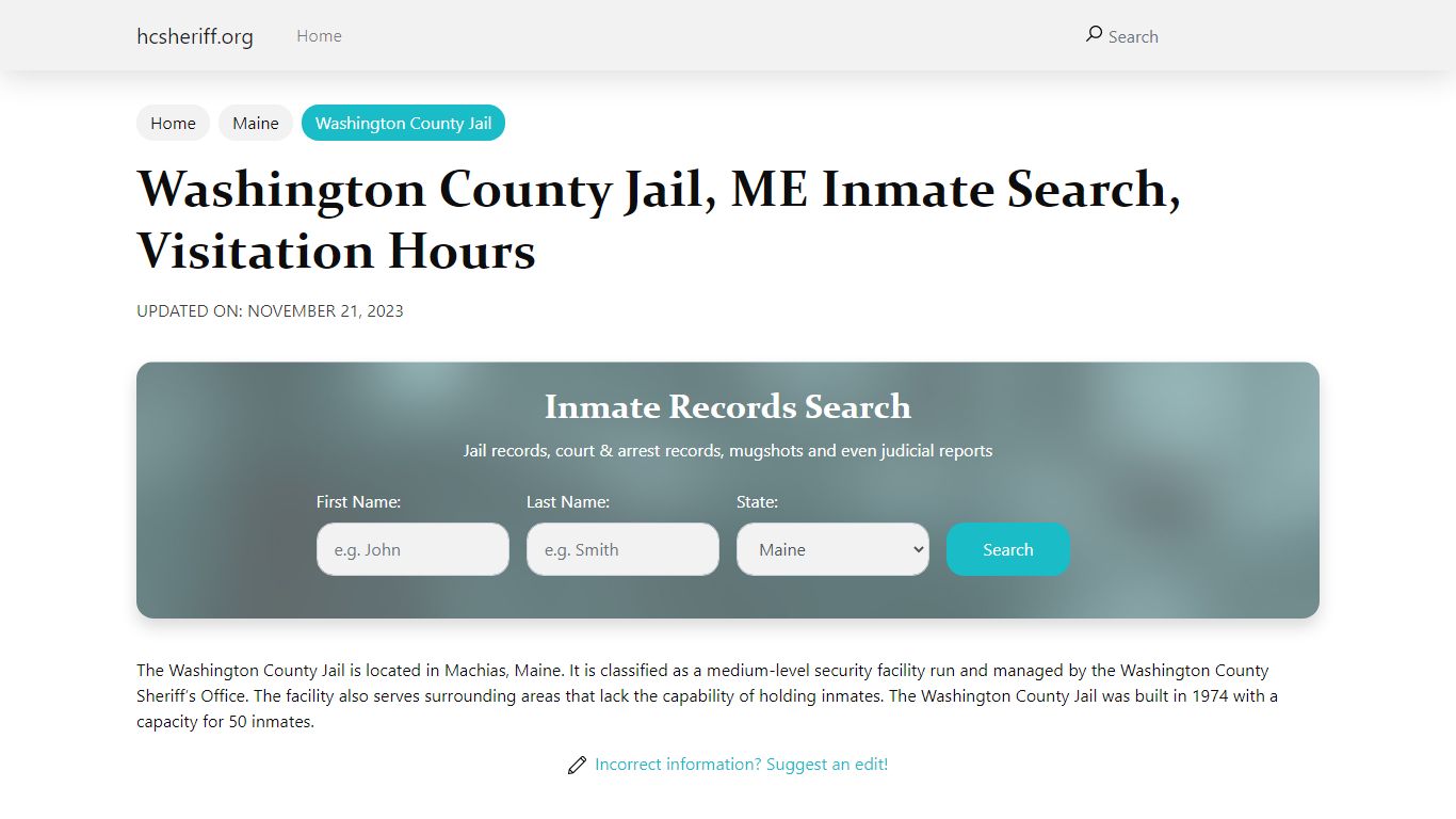 Washington County Jail, ME Inmate Search, Visitation Hours